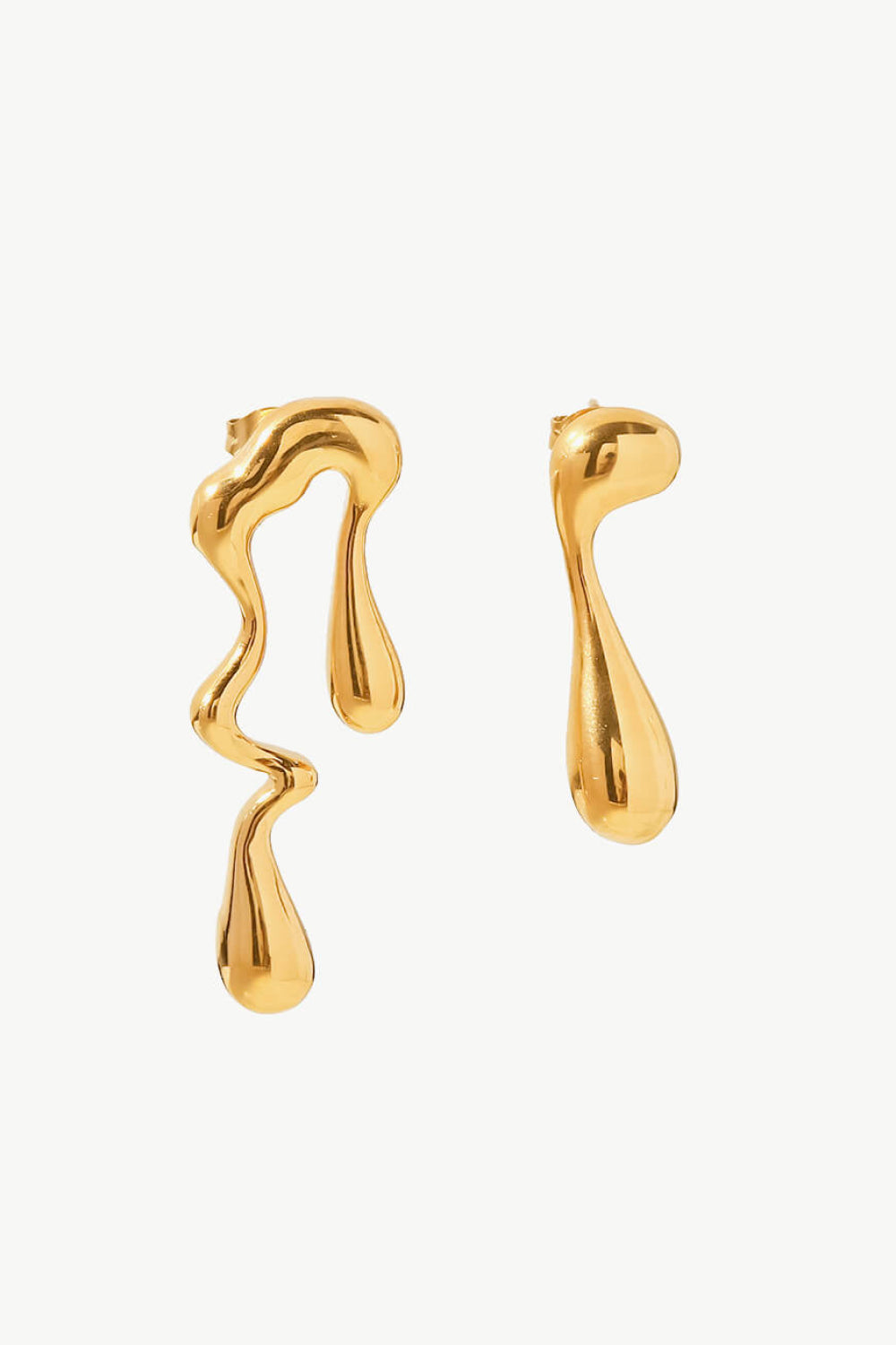 Gold asymmetrical drip earrings with artistic, fluid design