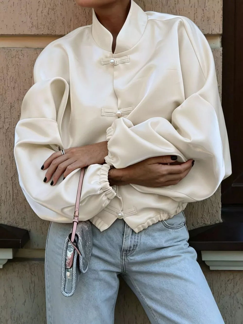 Mandarin Collar Pearl Button Shacket in Pink with buttoned