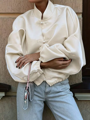 Mandarin Collar Pearl Button Shacket in Pink with buttoned