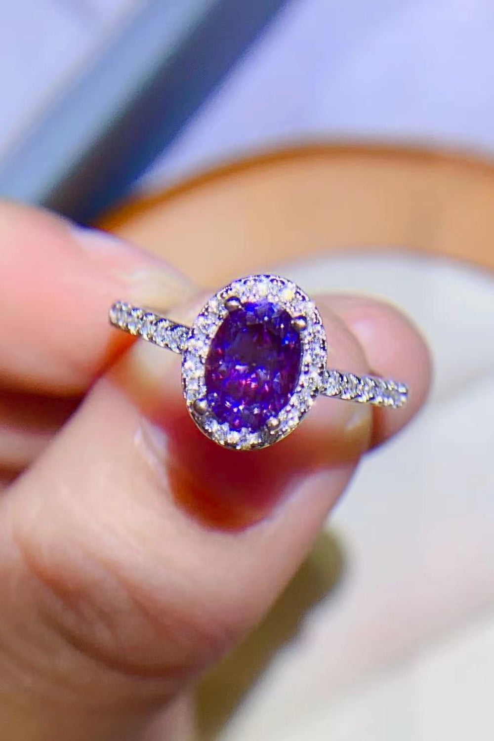 Violet halo moissanite oval silver ring with pave band