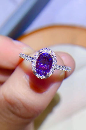 Violet halo moissanite oval silver ring with pave band