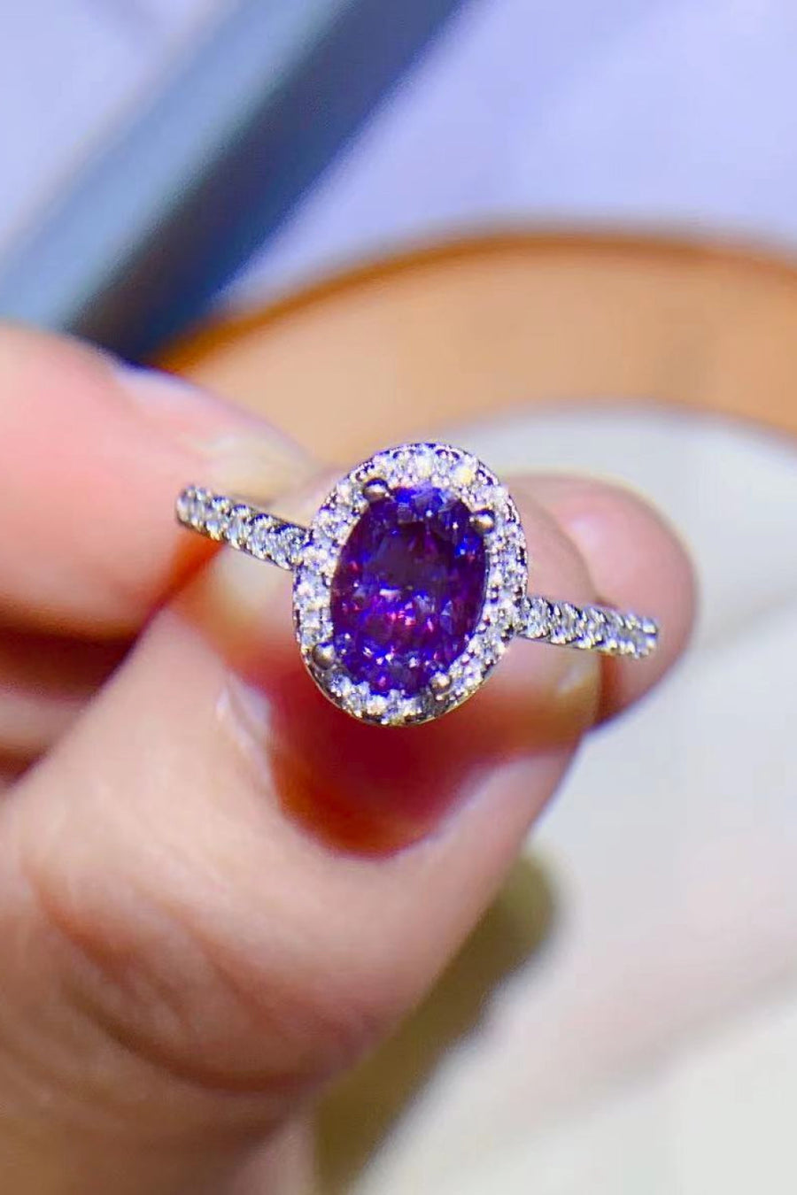 Violet halo moissanite oval silver ring with pave band