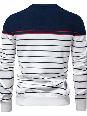 Nautical stripe crewneck sweater in navy and white with red accent stripe.