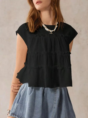 Black tiered ruffle blouse with short sleeves and a relaxed fit.