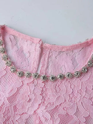 Pink lace midi dress with jewel neckline detail