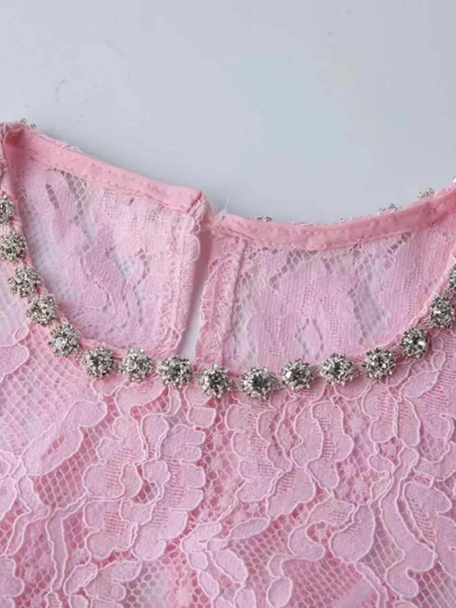 Pink lace midi dress with jewel neckline detail