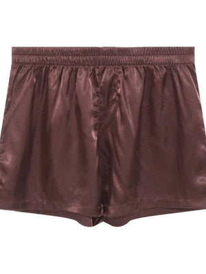 Satin boxer shorts in coffee brown with an elastic waistband.