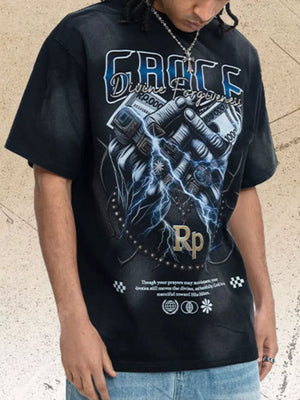 Black graphic t-shirt with lightning and money print, crew neck, short sleeves.