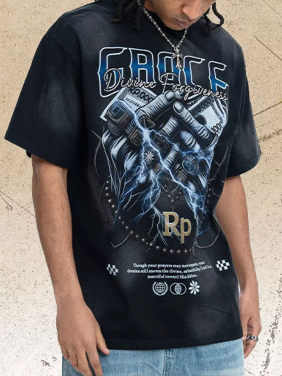 Black graphic t-shirt with lightning and money print, crew neck, short sleeves.