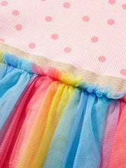 Toddler rainbow tulle dress with pink polka dot cotton bodice and gold trim.