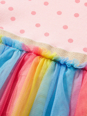Toddler rainbow tulle dress with pink polka dot cotton bodice and gold trim.