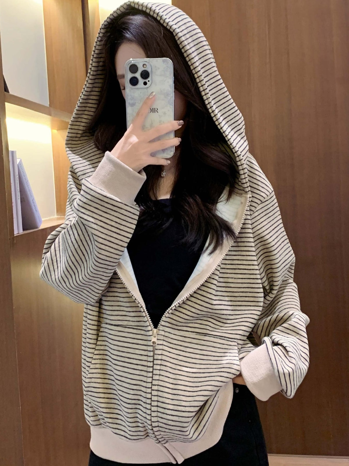cream zip hoodie with striped and hooded