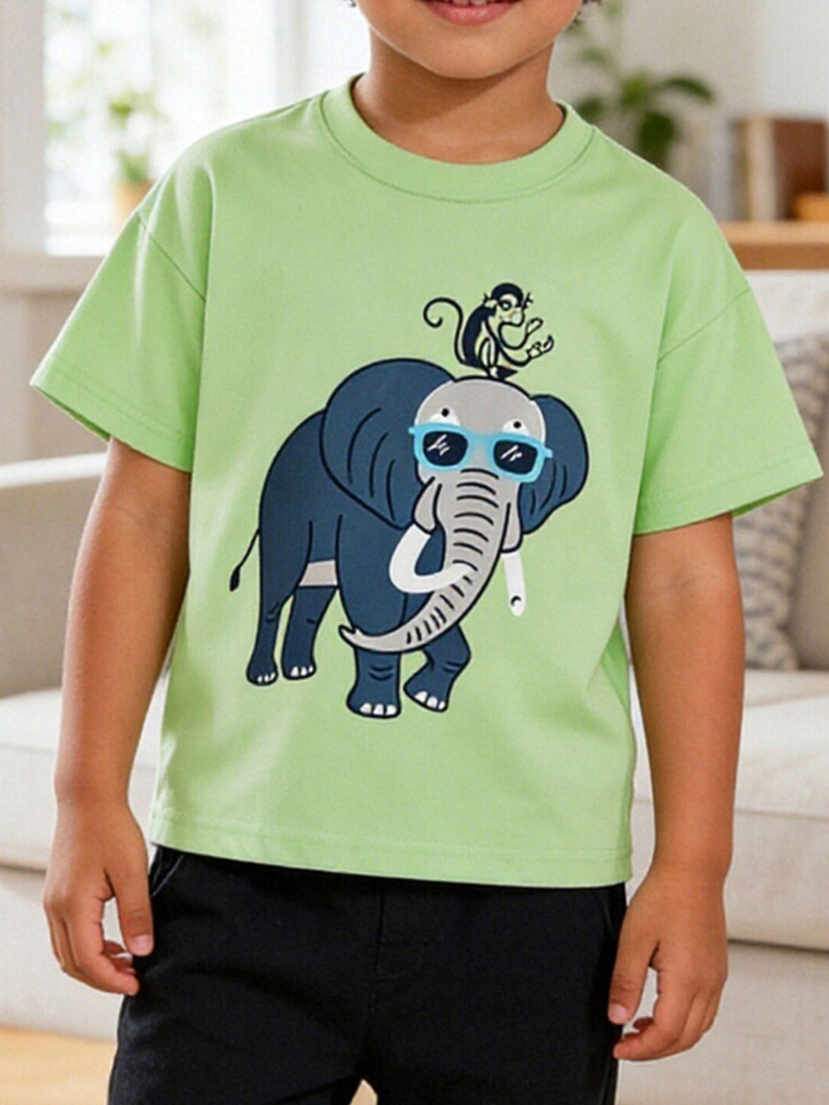 Light green toddler t-shirt with a cool elephant and monkey graphic.