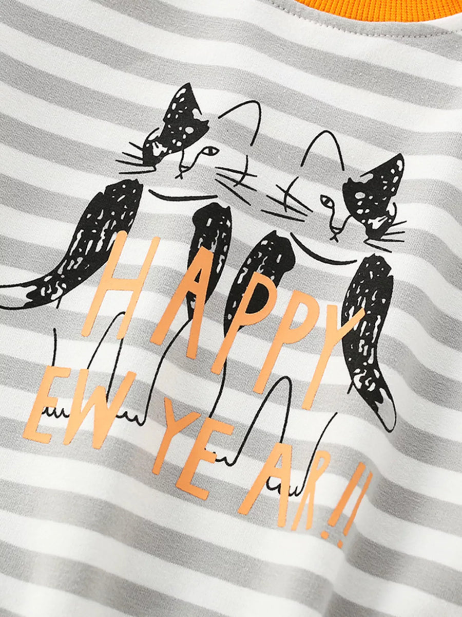 Striped crew-neck sweatshirt in light gray with cat graphic and orange "Happy New Year" text.