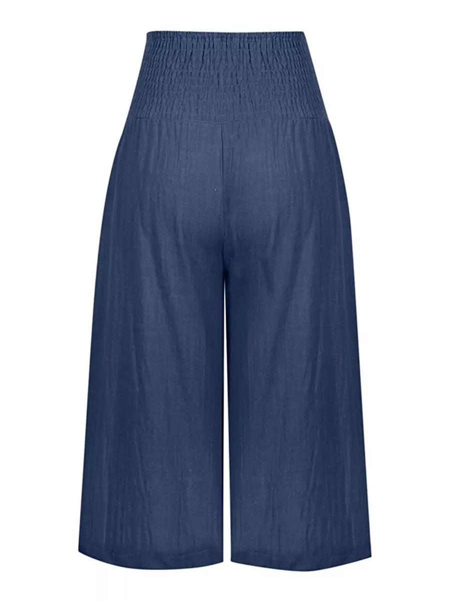 Navy blue wide leg cropped pants with smocked waist
