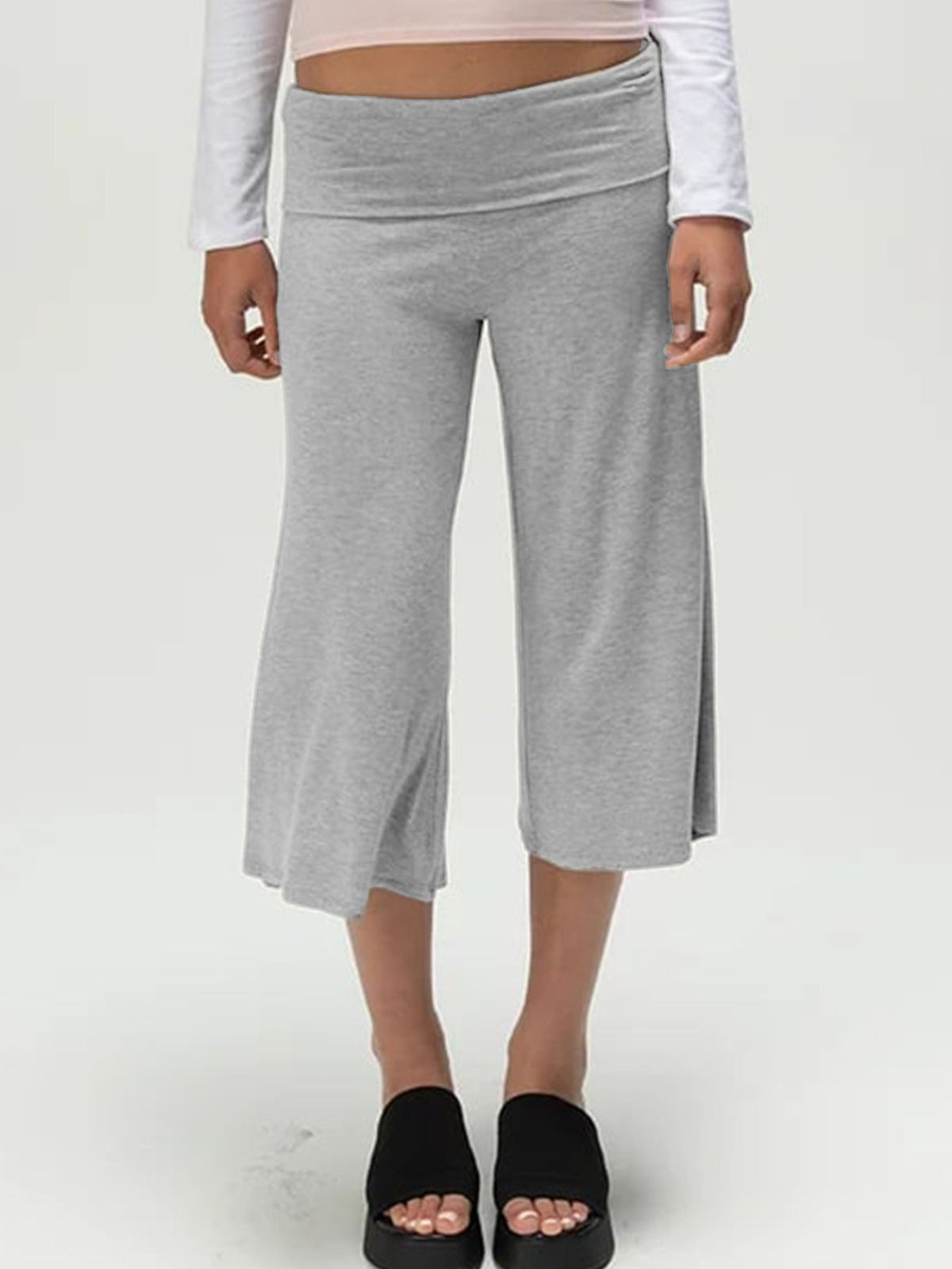 Light gray relaxed wide leg capris with a foldover waistband.