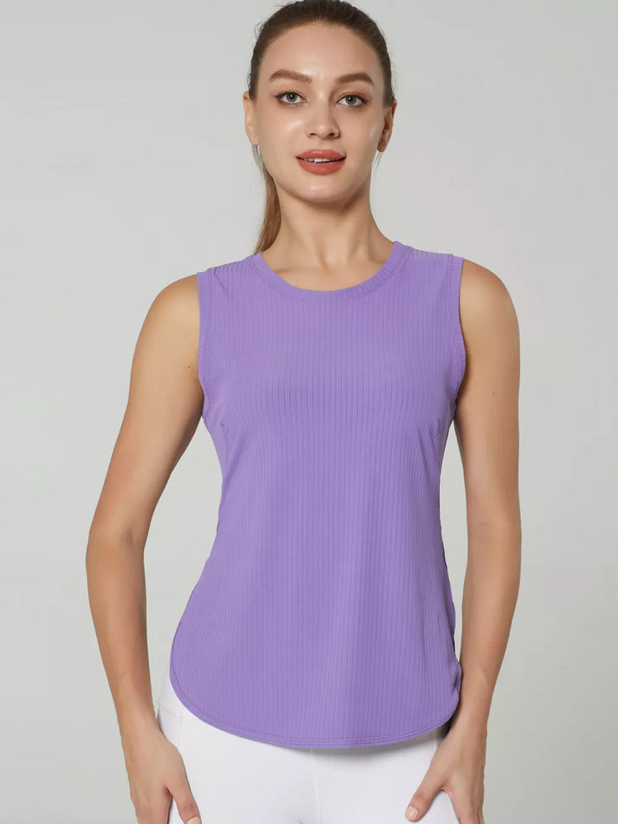 Sleeveless ribbed tank top in lavender with a scoop neck.