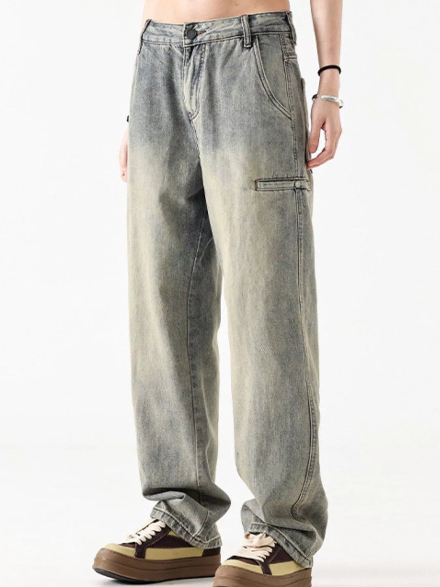 Vintage loose fit denim trousers in Air Force Blue with a faded wash and cargo pocket detail.