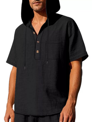 Black linen short sleeve hooded shirt with button neck and chest pocket