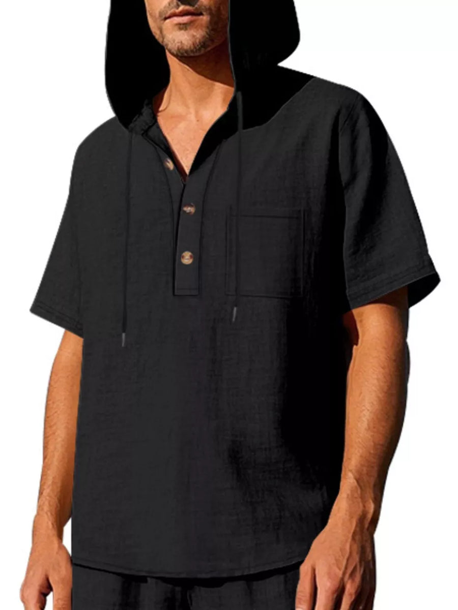 Black linen short sleeve hooded shirt with button neck and chest pocket