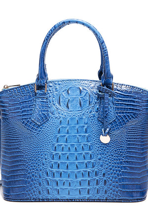 Sky blue crocodile embossed satchel with top handles and a decorative tassel detail.