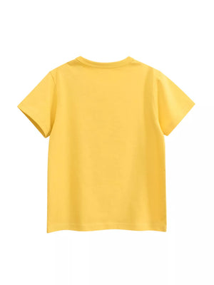 Yellow crewneck t-shirt with short sleeves and a relaxed fit.