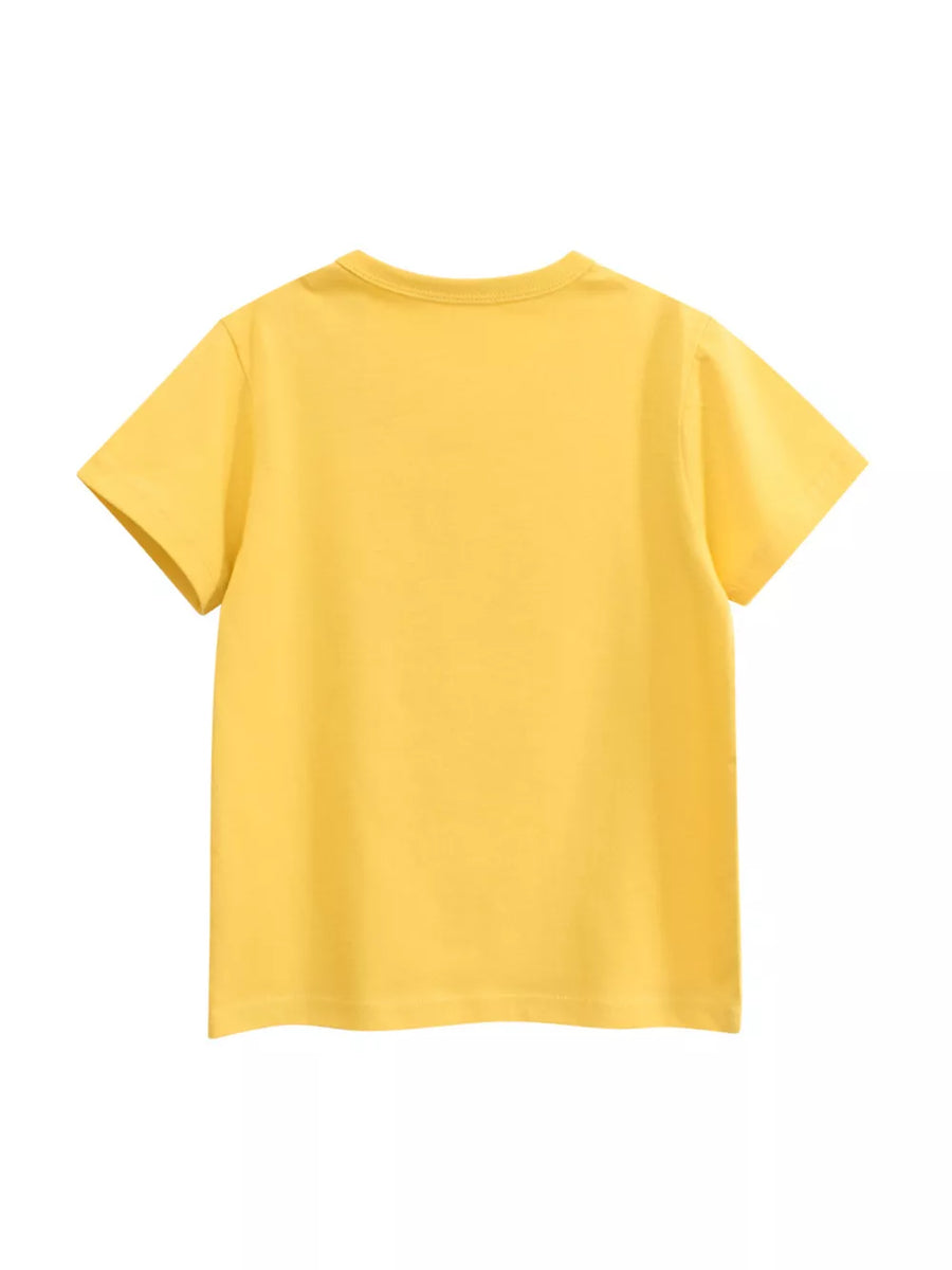 Yellow crewneck t-shirt with short sleeves and a relaxed fit.