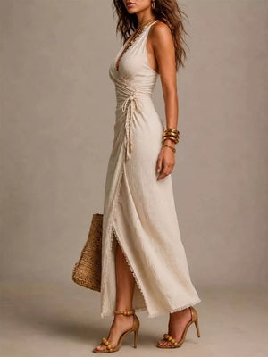 100% polyester Care instructions: Machine wash cold wrap dress in Beige with A-line silhouette