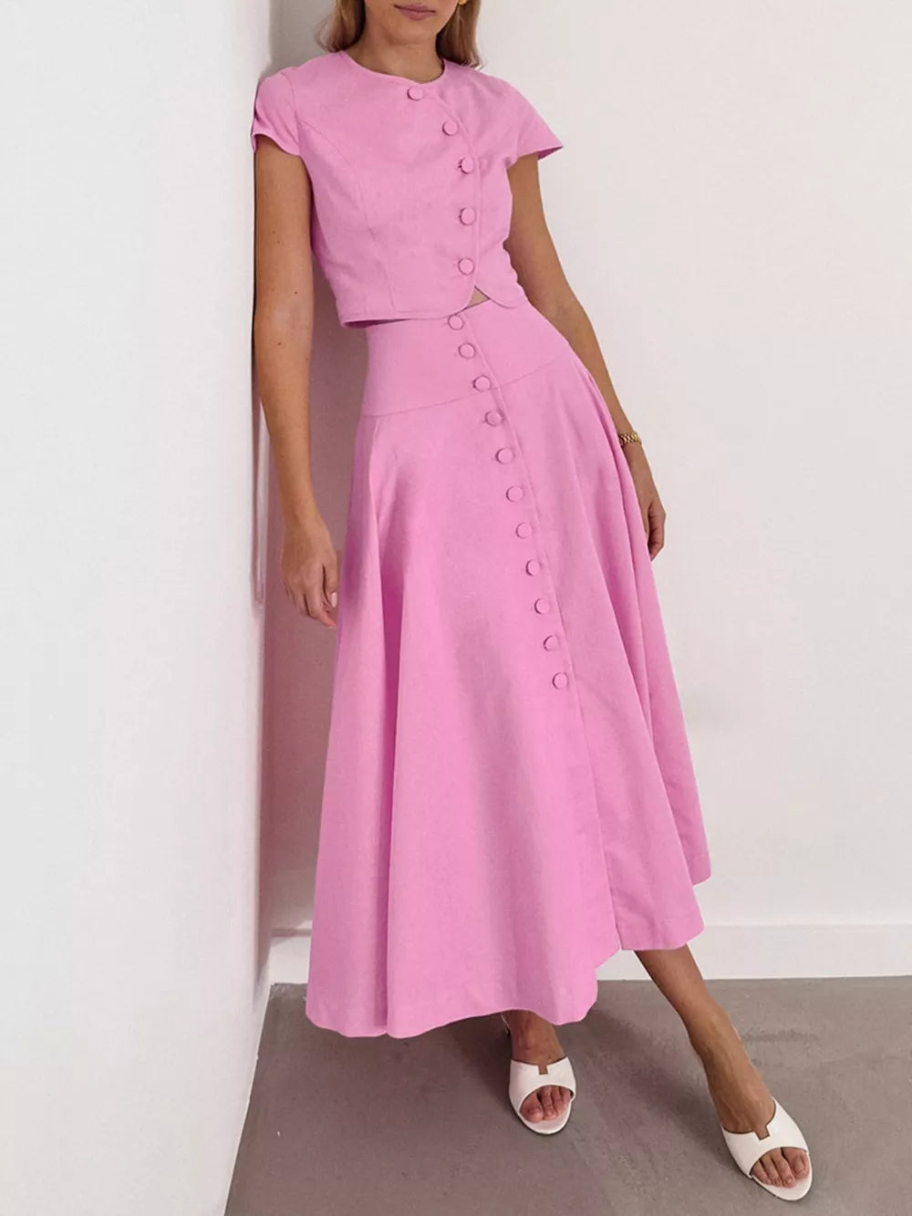 Green skirt set with cropped (top), midi (skirt) and button-front (top), side button (skirt)