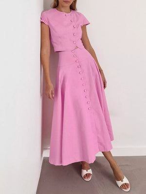 Green skirt set with cropped (top), midi (skirt) and button-front (top), side button (skirt)