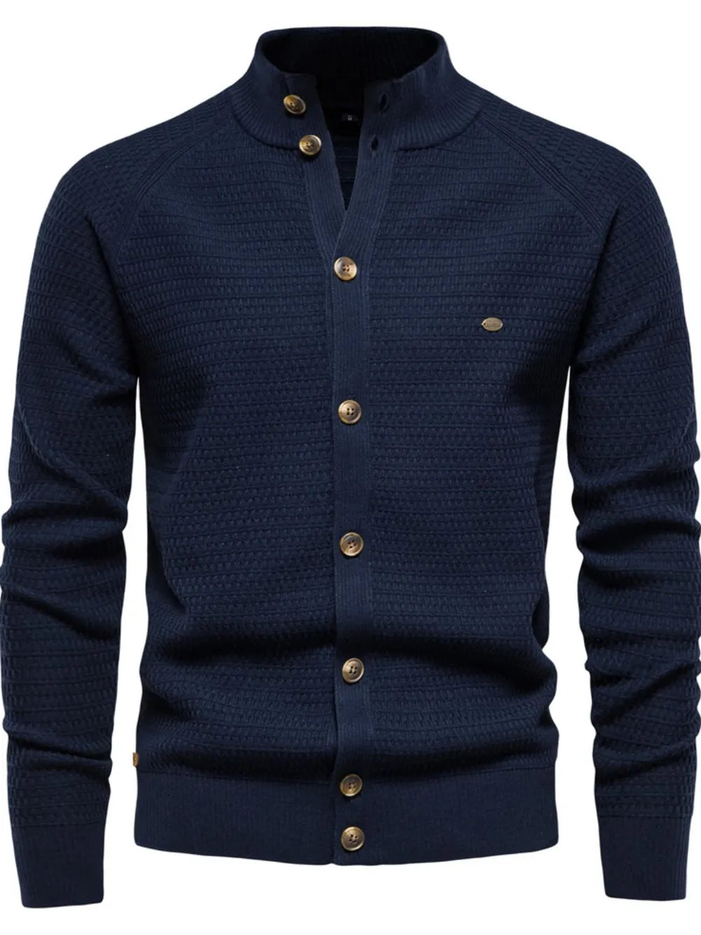 Navy textured knit stand collar cardigan with button closure