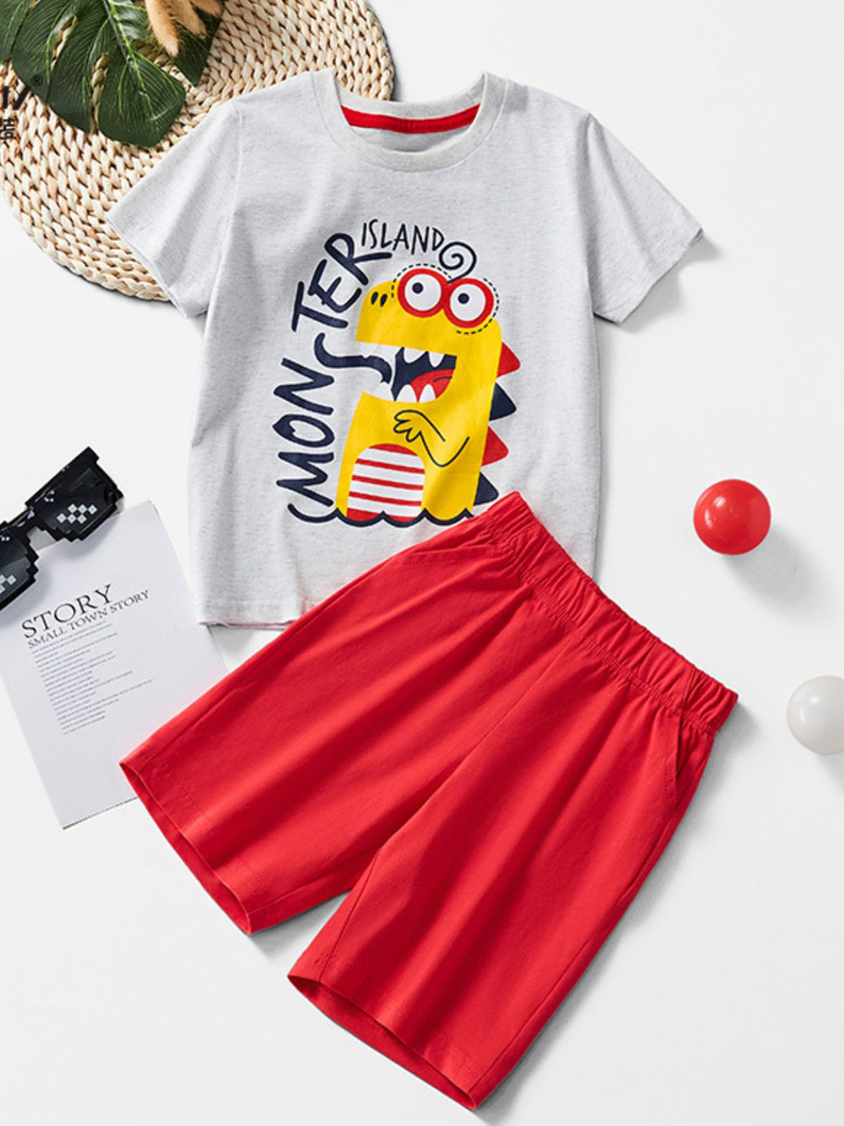 Toddler boys' grey cotton tee with monster graphic and red shorts set