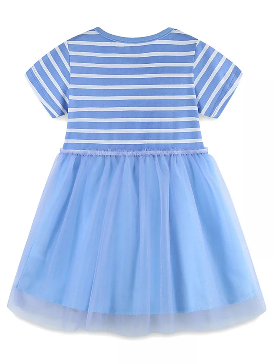 Baby blue tulle dress with white striped bodice and ruffled waist