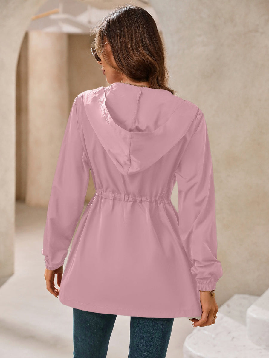 Dusty Pink hooded jacket with cinched waistline and elastic cuffs