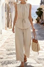Beige with Pleated Sleeveless Top And Wide-leg Pants Set in Beige