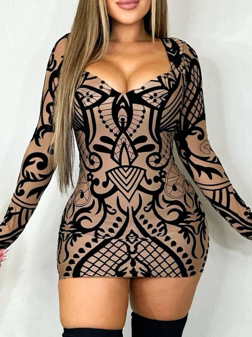 Abstract Print Long Sleeve Mini Dress in Multicolor