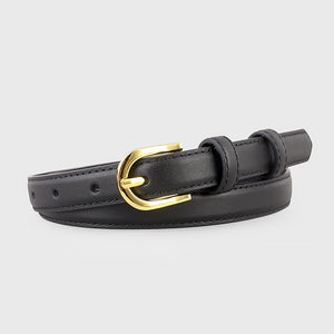 Black leather belt with a slim design and a polished golden buckle.