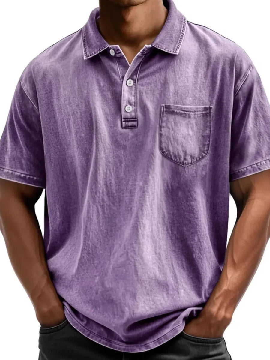 Acid wash relaxed fit polo shirt in Mauve with a chest pocket and button placket.