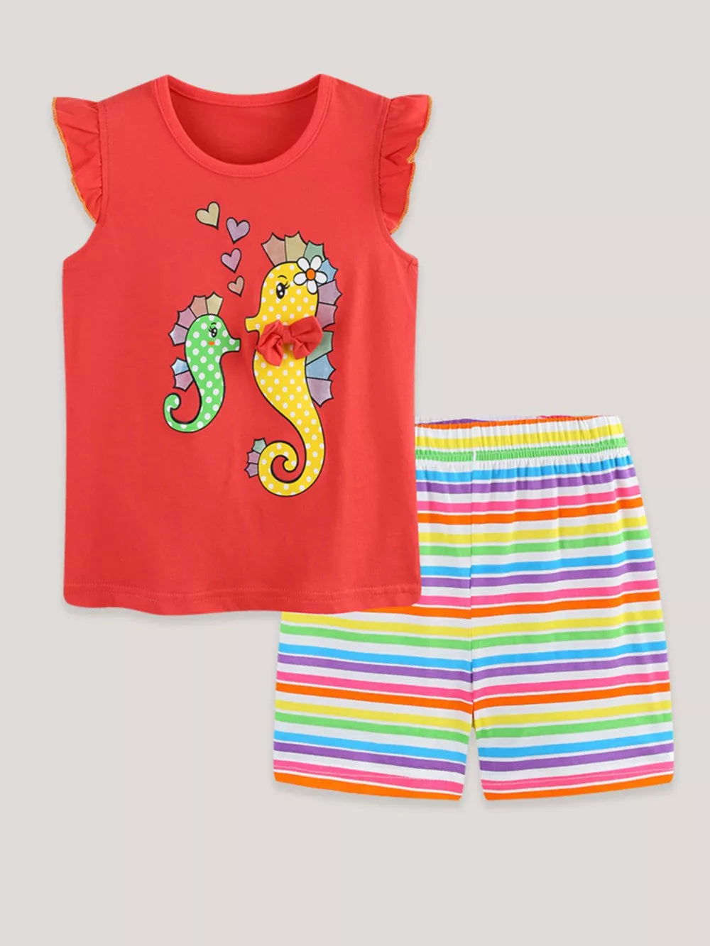 Red cotton seahorse ruffle sleeve top with rainbow striped shorts for girls.