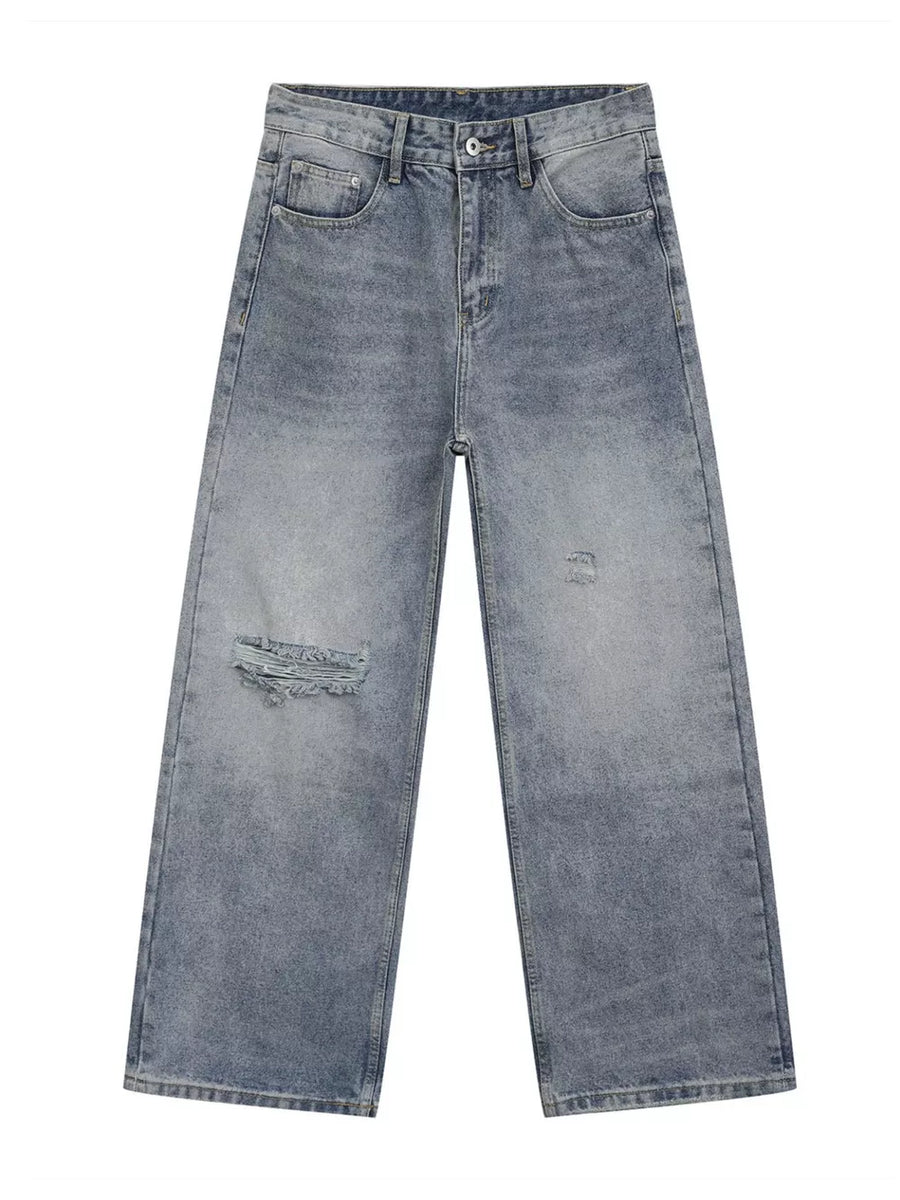 Rugged wide-leg denim jeans for men in light blue wash with distressed details.