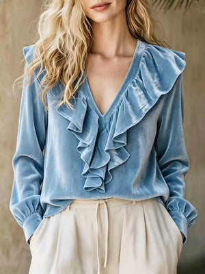 Pink Full Size Ruffled V-neck Long Sleeve Blouse