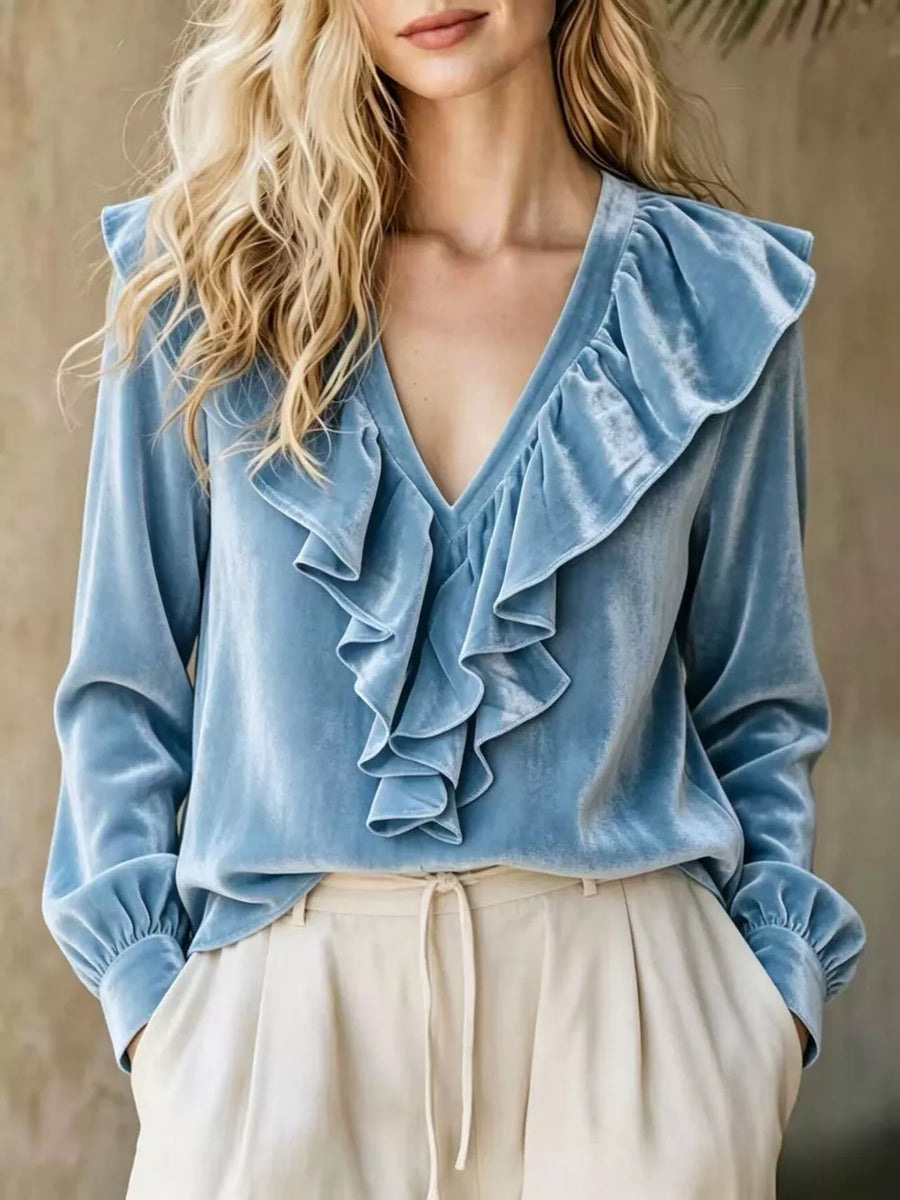 Pink Full Size Ruffled V-neck Long Sleeve Blouse
