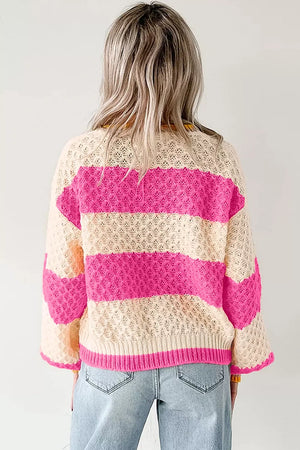 Hot Pink Striped Colorblock Drop Shoulder Sweater