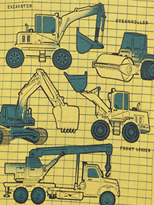 Toddler t-shirt with yellow and teal construction vehicle graphic print on a grid background.