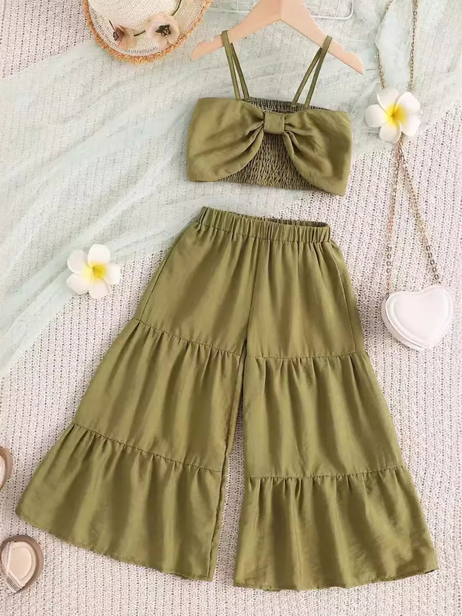 Children's Smocked Bow Cami And Pants Set in Olive