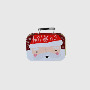 Festive illustrated suitcase tin box with Santa Claus design and ho ho ho text.