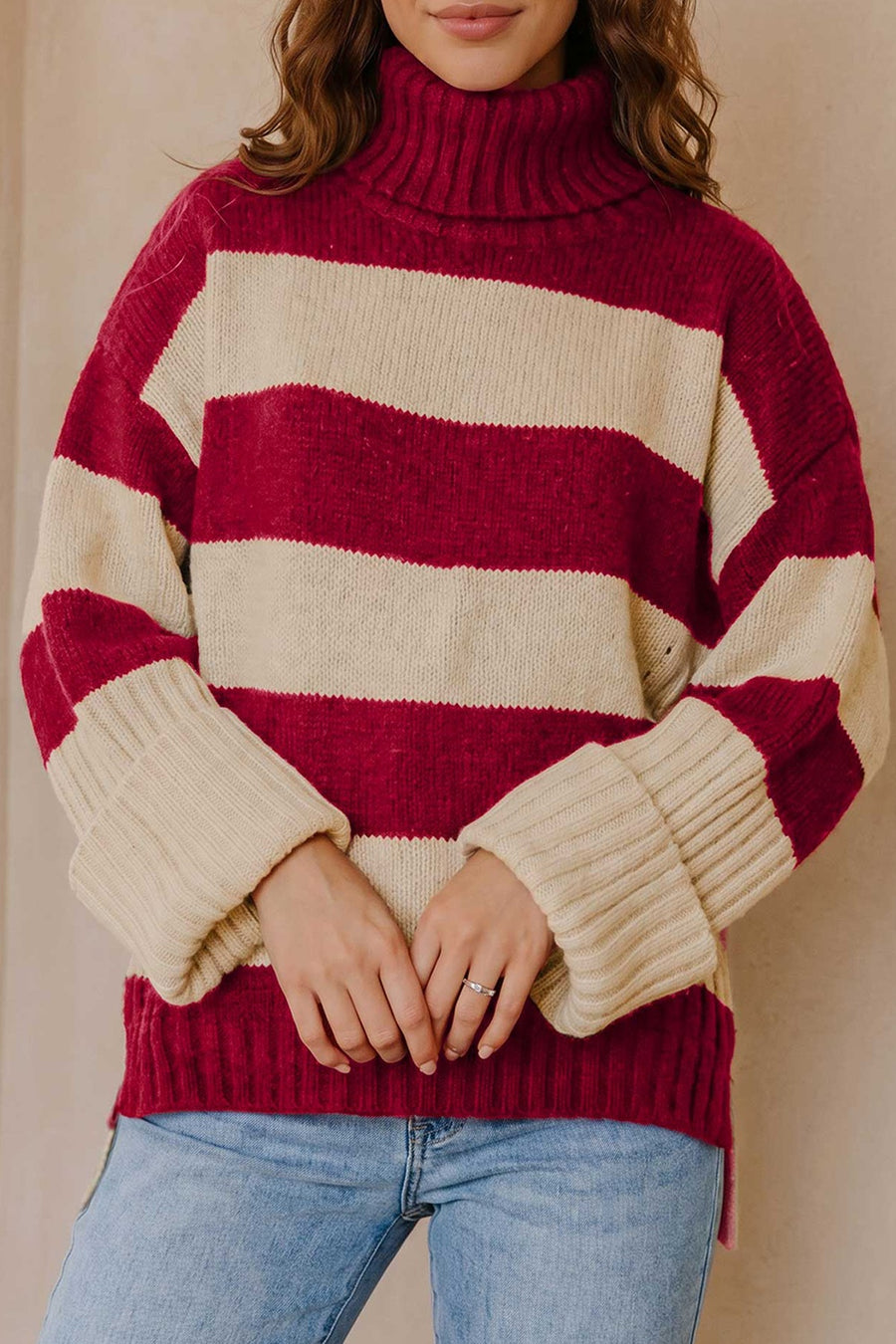 burgundy pullover sweater with hip-length and pullover