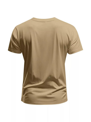Men's Khaki cotton V-neck t-shirt, short sleeves, slim fit, casual activewear.