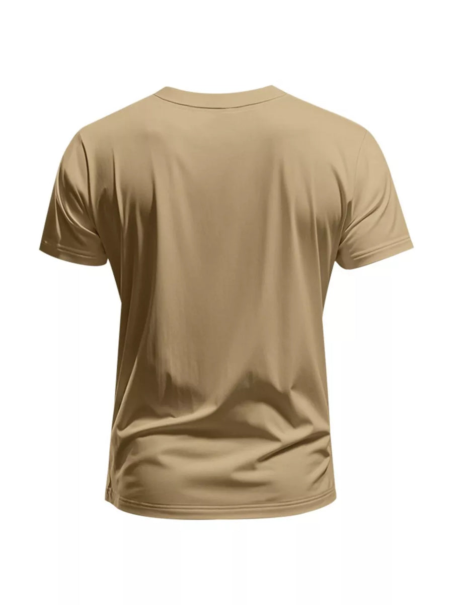Men's Khaki cotton V-neck t-shirt, short sleeves, slim fit, casual activewear.