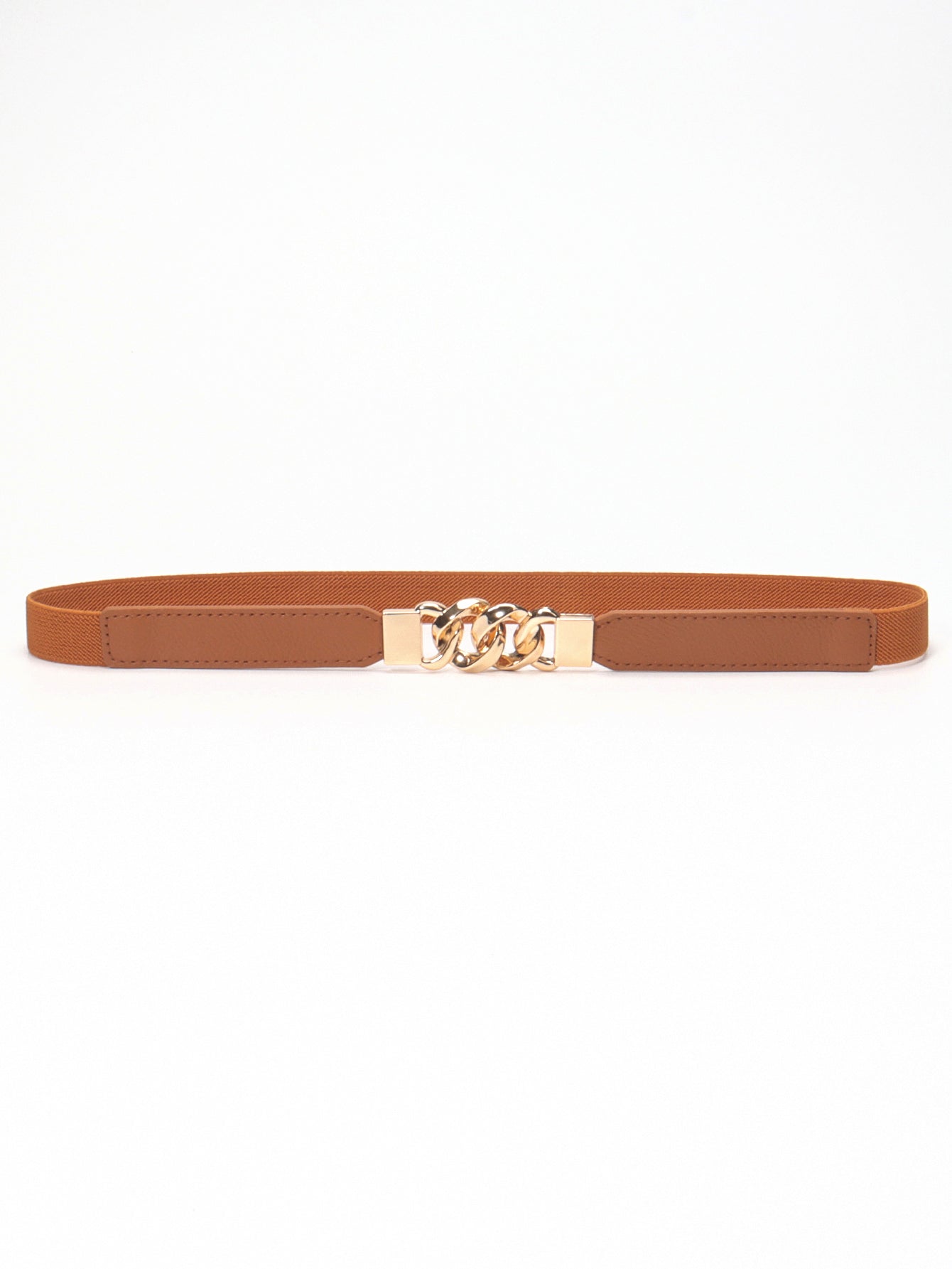 Chain detail faux leather elastic waist belt in Chocolate/Gold.